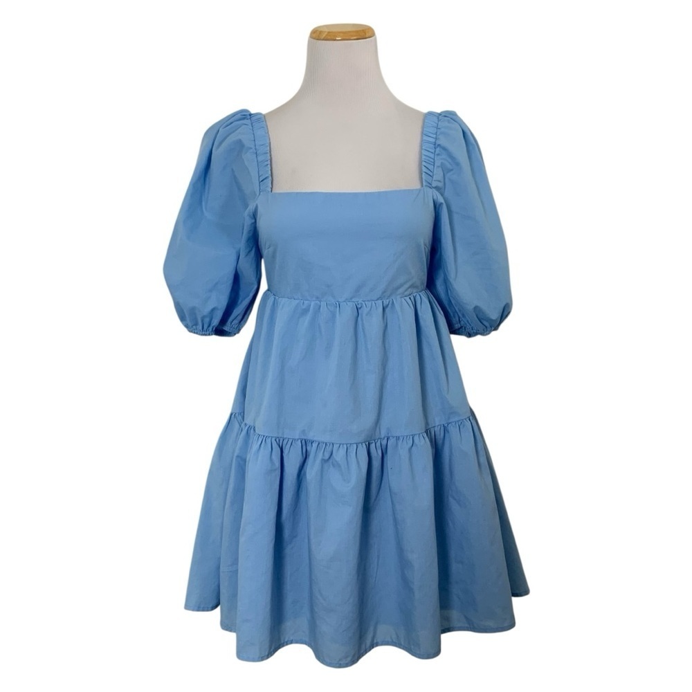 Shy Velvet Tiered Tie Back Puff Sleeve Mini Dress Size Small Baby Blue